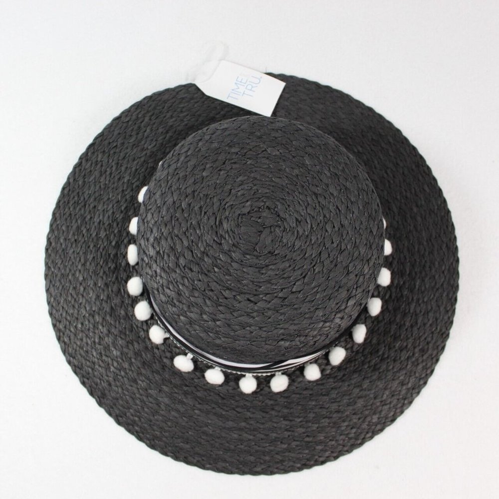 Time And Tru Black Boater Hat With Ribbon Trim Women's One Size Sun Hat - Picture 3 of 5
